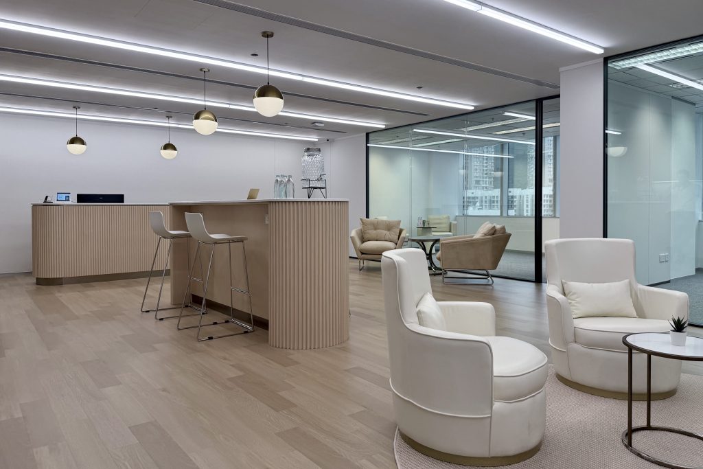 office lounge with sofa's and bar table