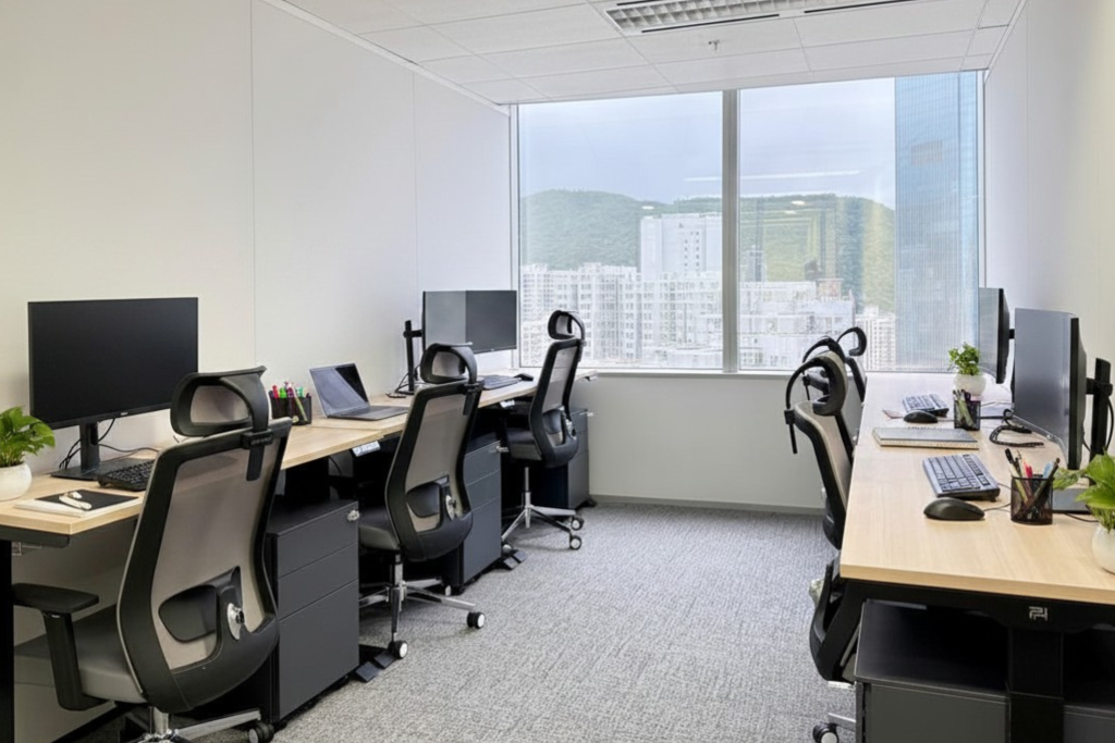 Office desks with computers and laptops